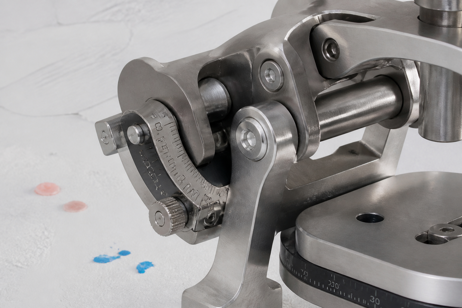 Brushed steel articulator hinge detail against pale plaster background