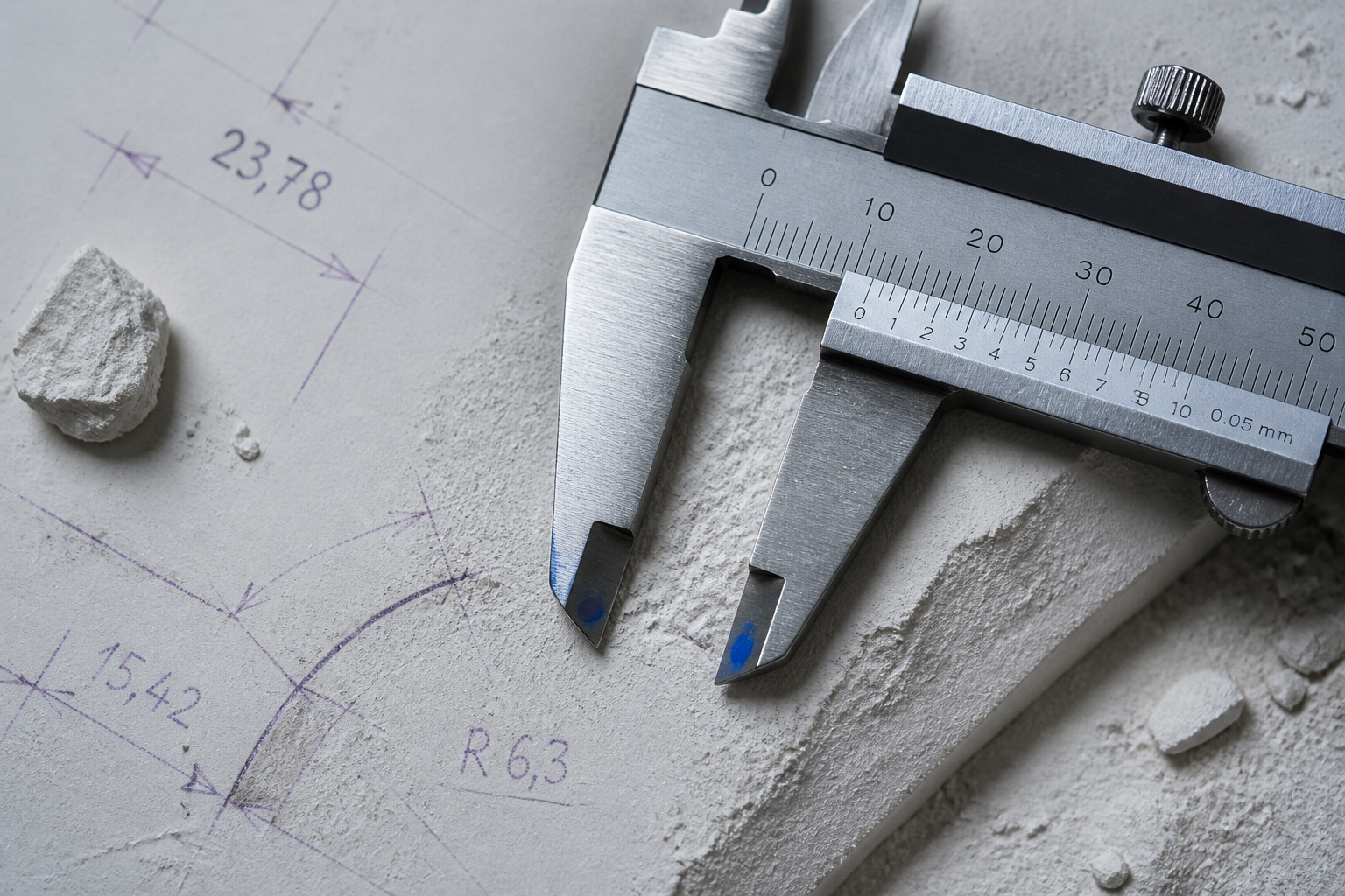 Precision caliper marks on a pale plaster surface with blue contact dots
