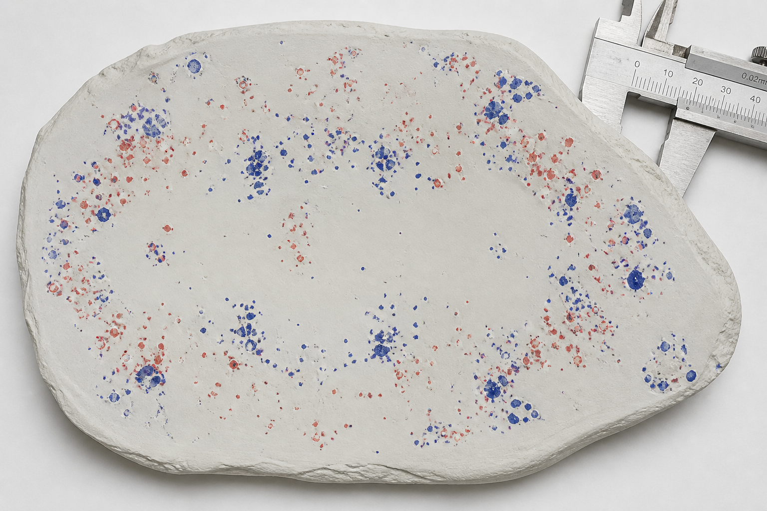 Pale surface with blue and red contact marks forming an abstract pressure map