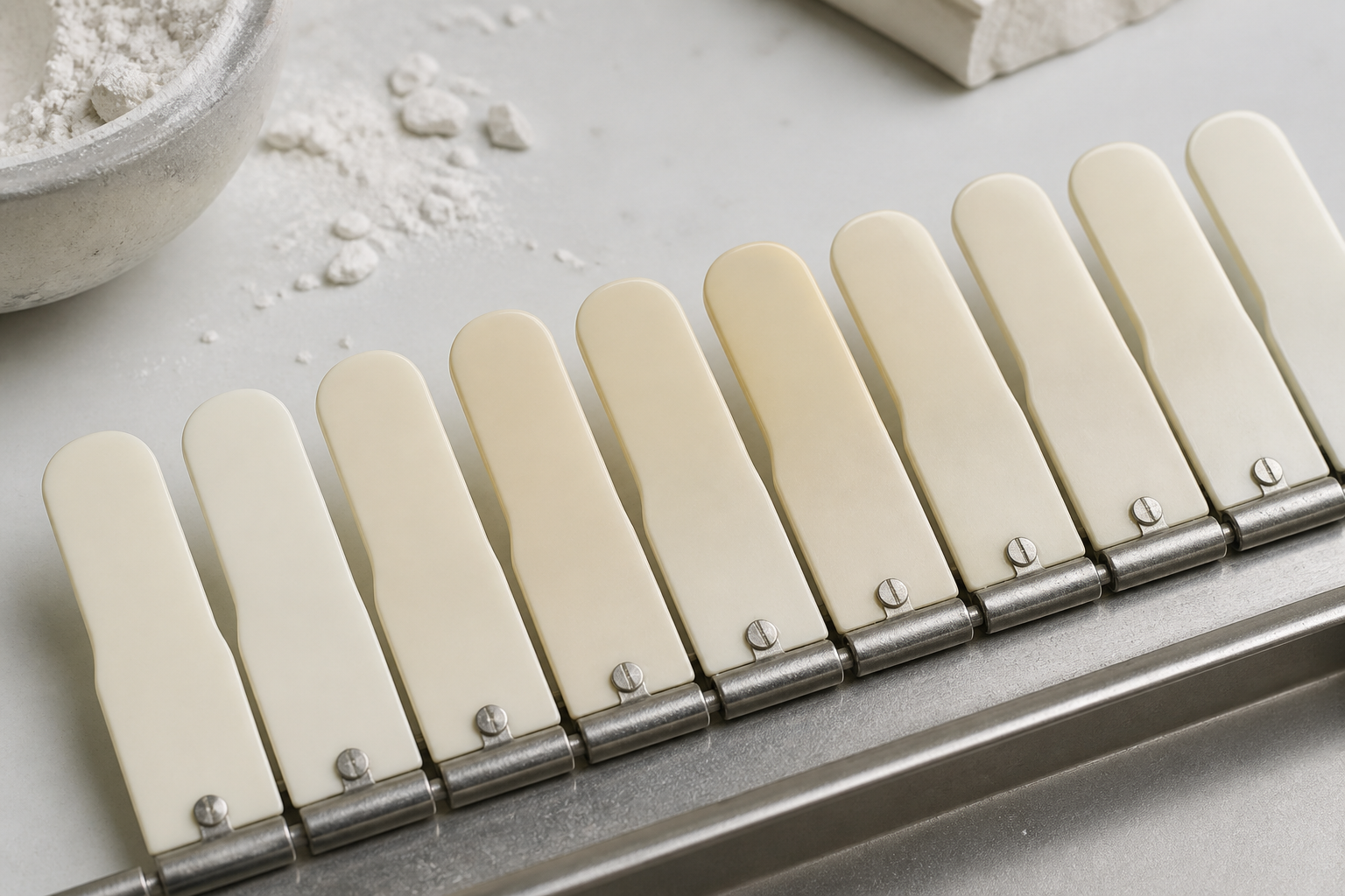 Abstract enamel shade tabs in warm ivory tones on a lab tray