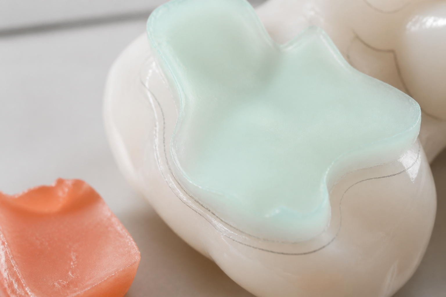 Translucent mint silicone material with soft fit-check contour lines