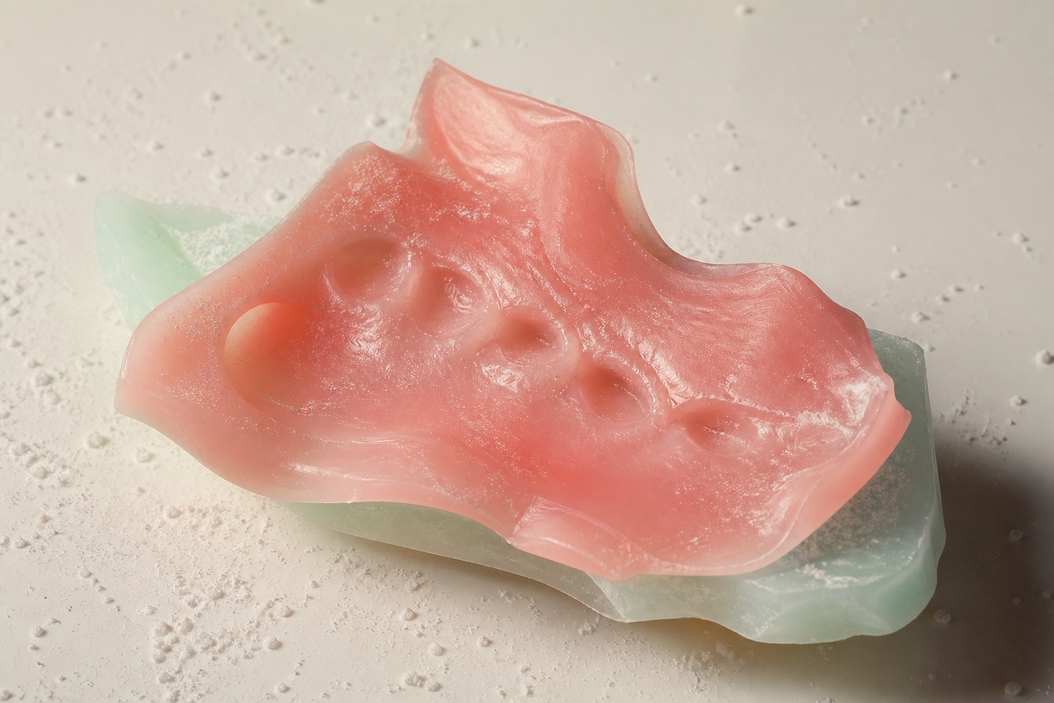 Muted coral wax registration material on enamel ivory surface