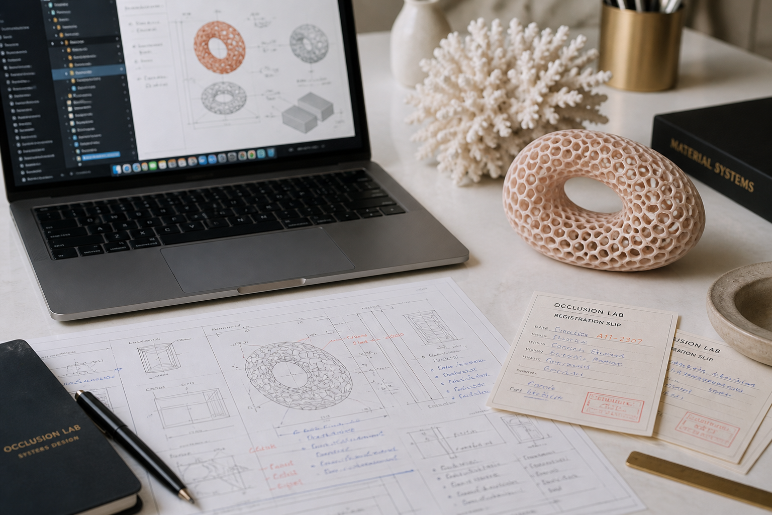 Technical workspace with documents beside wax registration slips and contact annotations